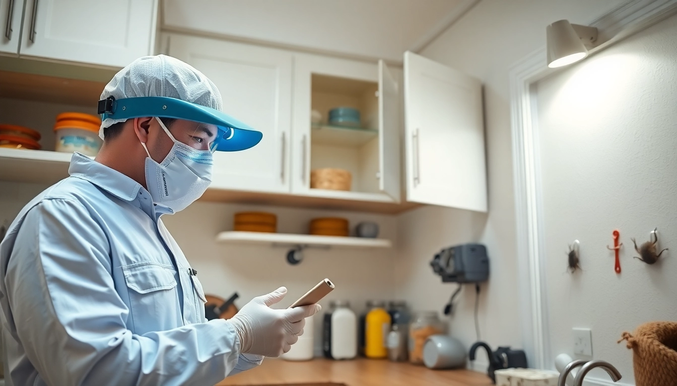 Technicus controleert muizenbestrijdingsapparatuur in een nette keuken.