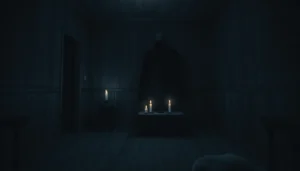 Engaging horror video thumbnail featuring a sinister shadow lurking in a dimly lit room to captivate viewers seeking scary content.