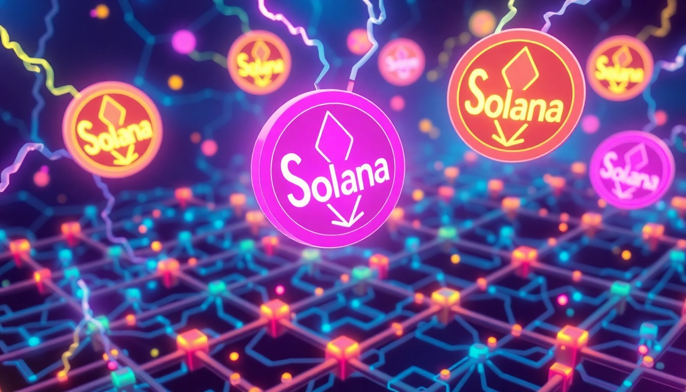 Vibrant Solana Meme Tokens illustration showing logos floating on blockchain network with neon
