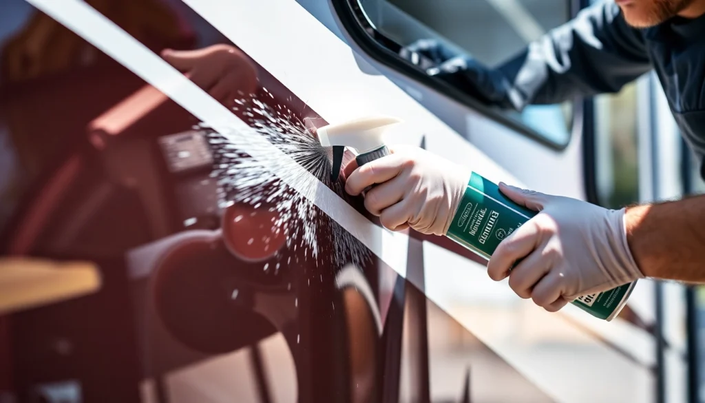 High-quality Wohnmobilreiniger being sprayed on a clean outdoor camper to achieve a glossy