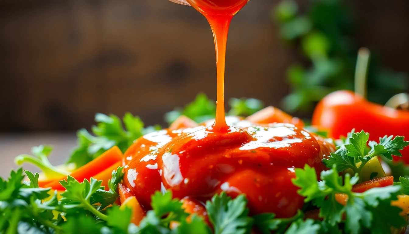 Sriracha Sauce bottle with fresh vegetables and spicy condiments on a rustic table for