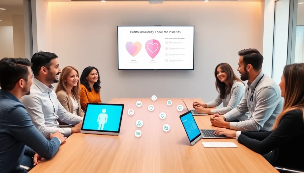 Professional business team reviewing group health insurance Canada options for employee