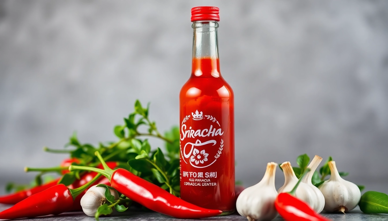 Sriracha Sauce in a glass bottle with chili peppers, garlic, and herbs, highlighting bold